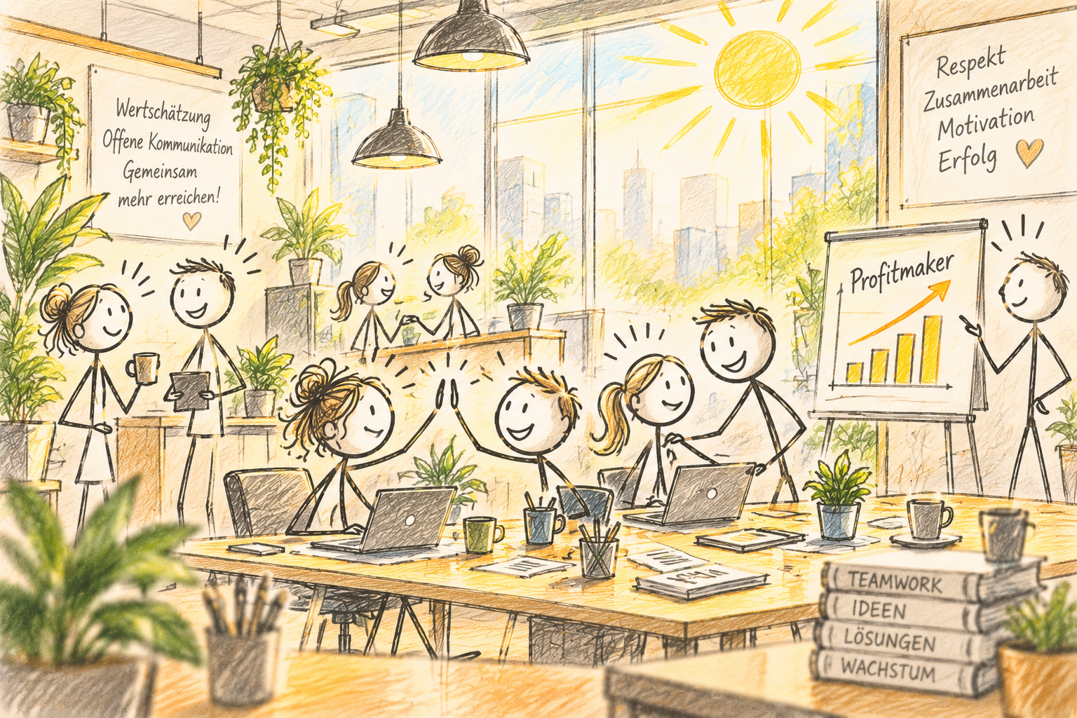 Illustration eines motivierten Teams, das in einem hellen Büro zusammenarbeitet.