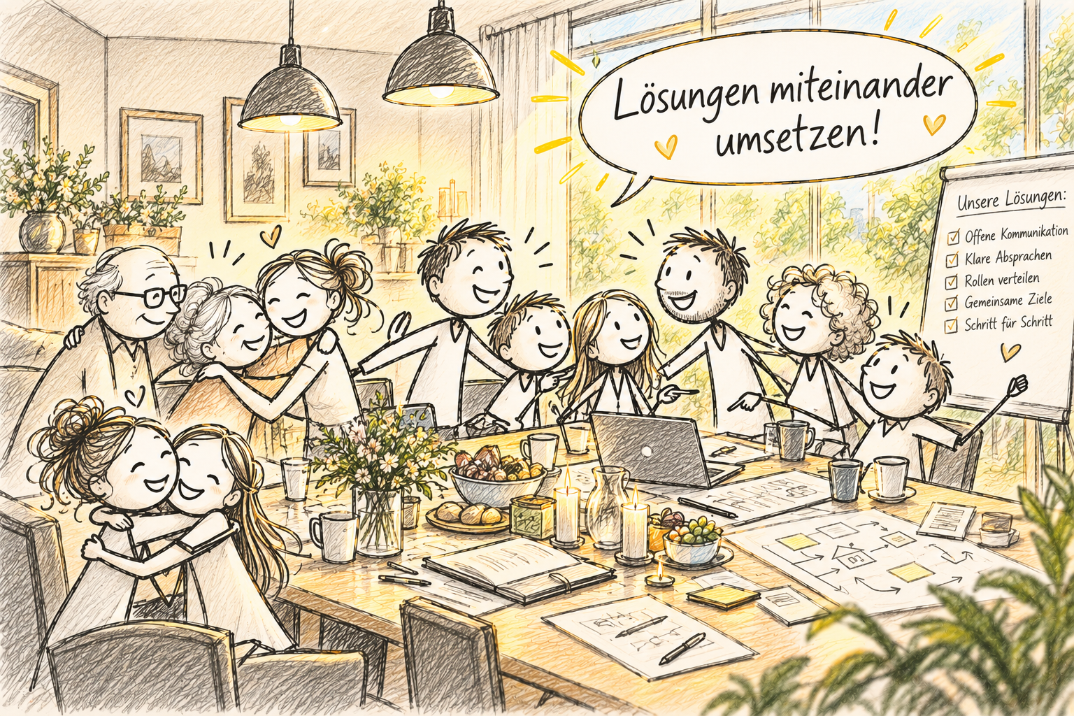 Illustration einer Familie, die gemeinsam Lösungen für private Konflikte umsetzt.